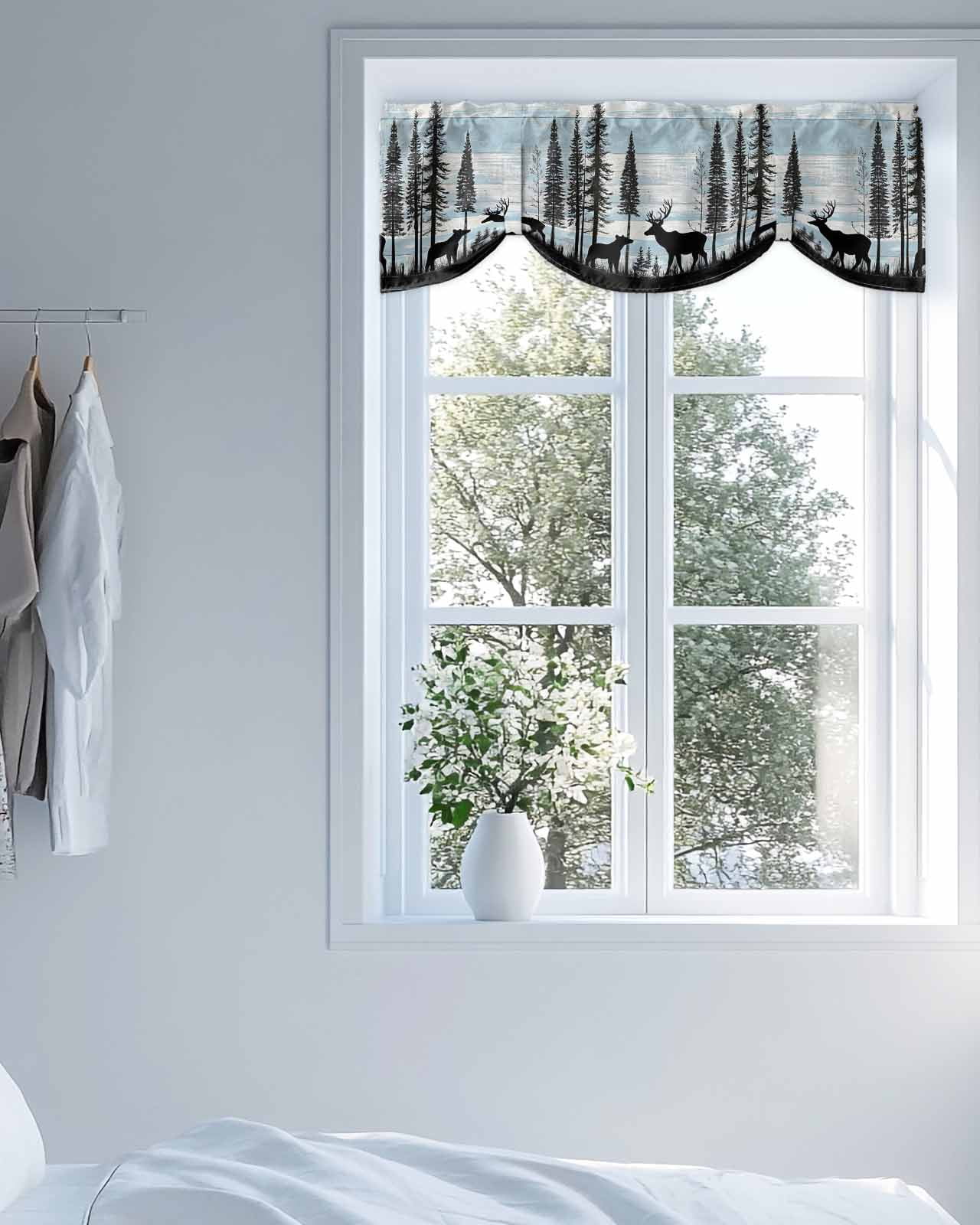 Black Bear Elk Tie Up Valances Curtain, Blue White Wood Grain Forest Animal Nature Kitchen Valances for Windows Decor, Rod Pocket Short Curtains Set for Bedroom/Bathroom, 60"x18"