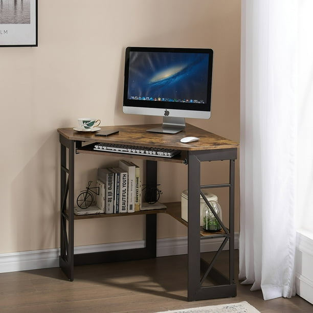 Vecelo Corner Computer Desk With Keyboard Tray And Storage Shelf Workstation Table For Home Office Antique Brown 90 Degrees Com Vecelo Corner Computer Desk With, Small L Shaped Desk With Keyboard Tray