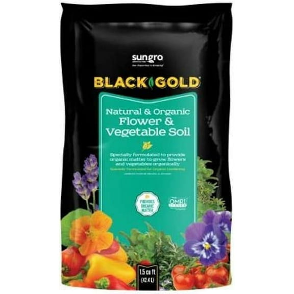 SunGro Black Gold Outdoor Natural and Organic Garden Flower and Vegetables Blend Potting Soil Mix for Outdoor Plants, 1.5 Cubic Foot Bag
