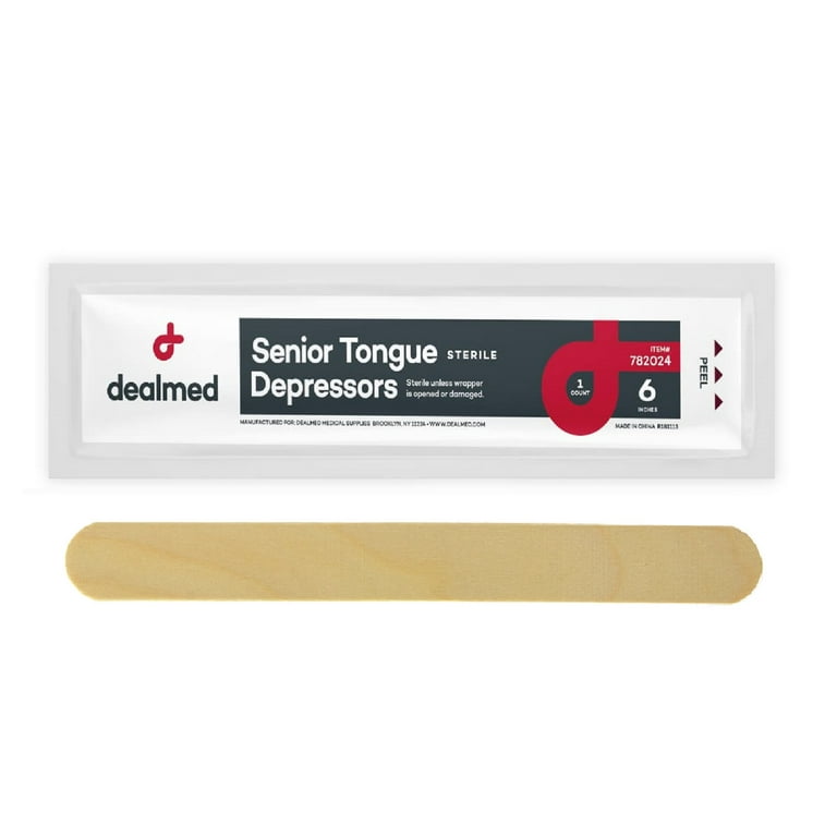 Dealmed 6 Senior Tongue Depressors - Sterile, Individually Wrapped for  Medical Practice, Crafts, Emergency First Aid Kits and More (100/Box) 