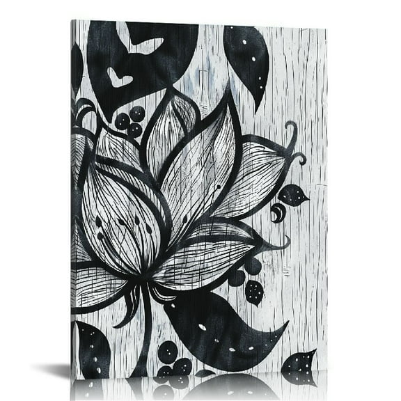 EastSmooth Abstract Lotus Flower Canvas Wall Art Zen Floral Prints Vintage Bedroom Yoga Room Black and Grey Decorations 12x16 in