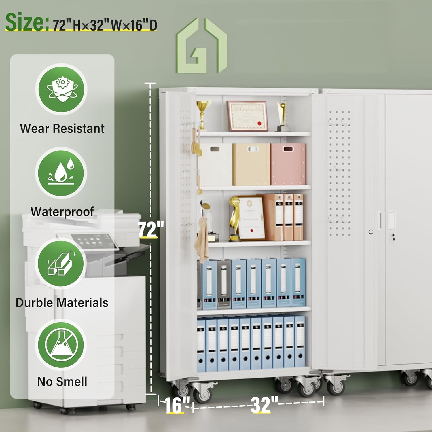SUNCROWN Metal Storage Cabinet with Wheels,72” White Garage Storage Cabinet with Pegboards and Wheels, Rolling Tool Cabinet with Locking Doors and Shelves for Home,Basement, Kitchen Pantry,Warehouse