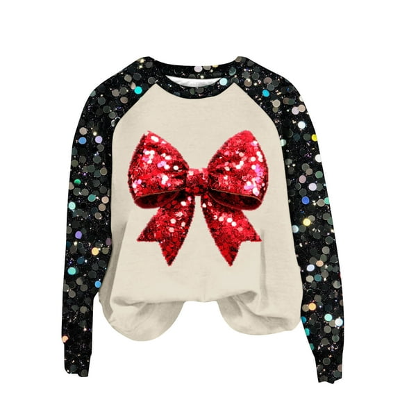 Cmfcve Women's Cute Christmas Sweatshirt Plus Size Sequins Patchwork Print Pullover Raglan Long Sleeve Crew Neck Xmas Base Apparel