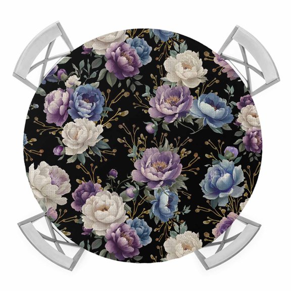 Elastic Fitted Round Tablecloth, Country Flowers Waterproof Stretch Table Cover for 55"-60" Tables, Botanical Purple Blue Floral Black Washable Outdoor Tablecloths for Patio, Picnic, Camping