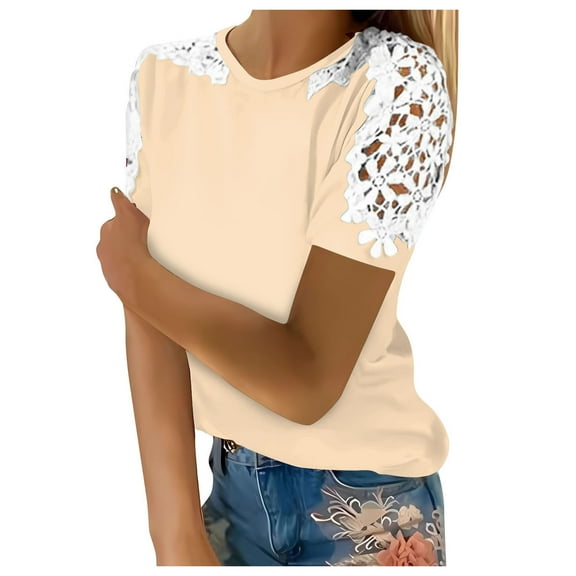 Gerichy Womens Summer Tops, T-Shirts for Women Trendy Lace Floral Loose Patchwork Womens Blouses and Tops Dressy Casual Summer Crewneck Short Sleeve Tshirts Shirts Tunic for women