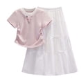 thumbnail image 2 of qelini Girls 2 Piece Outfit 8-16Years Mock Layer Short Sleeve Top with White Skirt Casual Summer for Teens Solid Color Summer Wear, 2 of 8