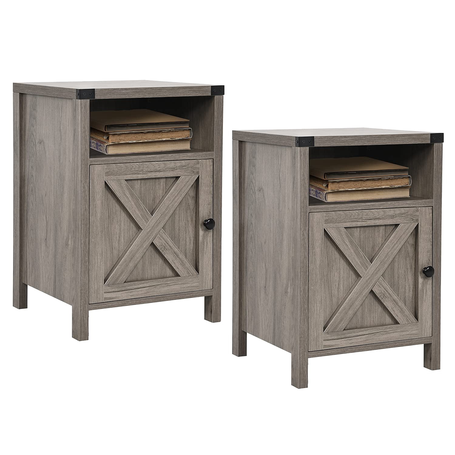 4 EVER WINNER Farmhouse Barn Door Side Table Set of 2, Rustic Gray End Table with Barn Door Storage, Bedside Table for Bedroom Living Room