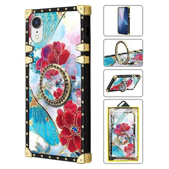 TPU Luxury Shiny Flower Fashion Case with Kickstand for iPhone XR - Red