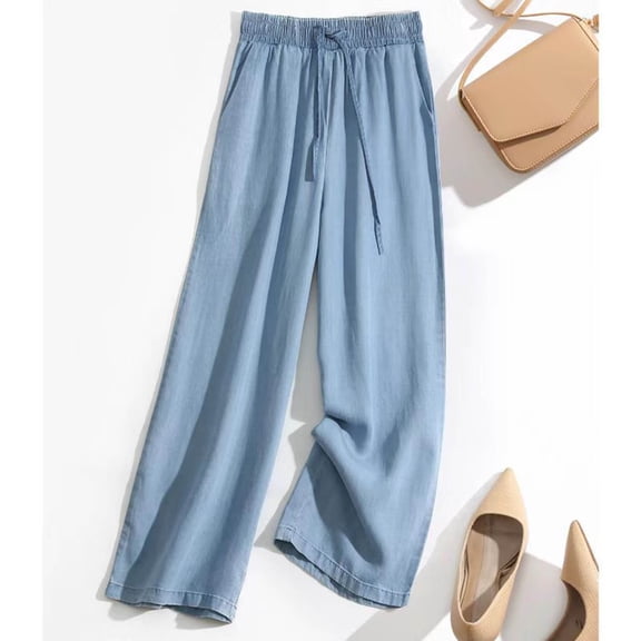 HOWPAY Womens Jeans Pull on Drawstring Elastic Waist Wide Leg Soft Denim Pants with Pockets Vintage Casual Loose Boyfriend Baggy Jeans BU1 L