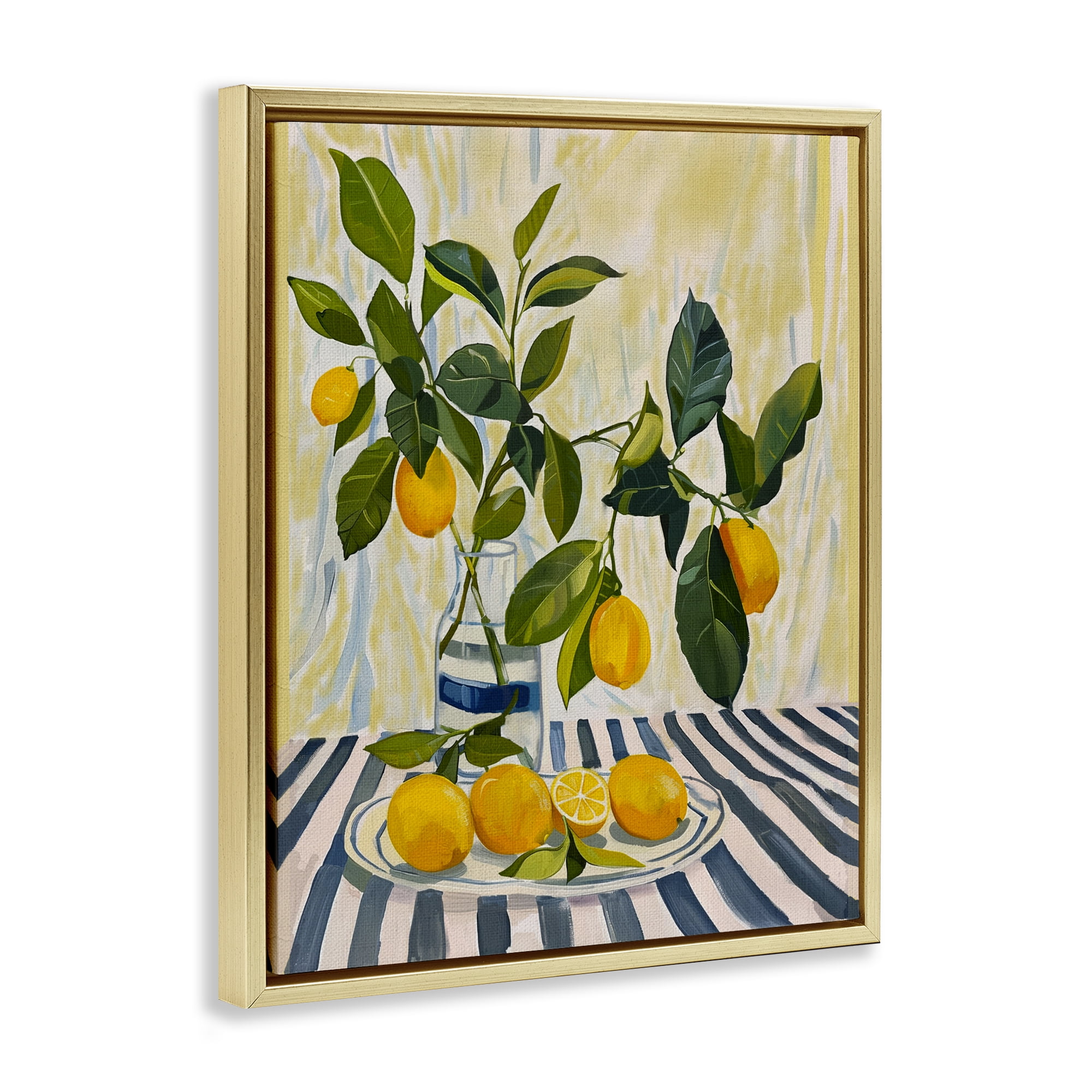 Stupell Industries Lemons on Striped Tablecloth Gold Framed Floater Canvas Wall Art, design by Yen