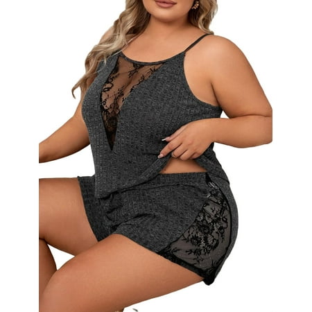

Casual Plain Spaghetti Strap Short Sets Sleeveless Dark Grey Plus Size Pajama Sets (Women s Plus)