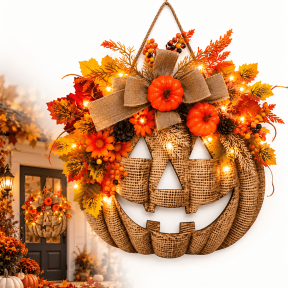Trevanos 2D Wooden Fall Pumpkin Wreath with Lights for Front Door, Halloween Autumn for Porch Home Decor.