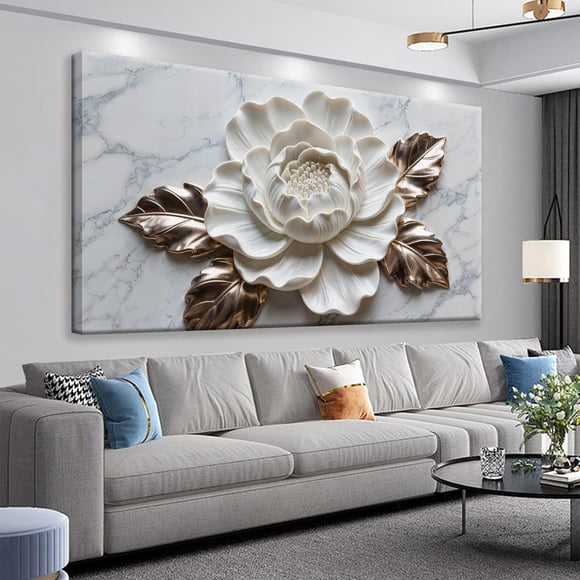 Suconvng Art sur Toile Décoration Murale Impression Peintures Texture Marbre Fleur Blanche Impressions d'Art Mural Images Prêtes à Accrocher Images pour Être
