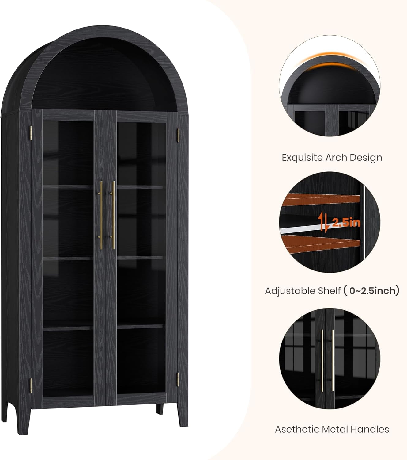 Memoryfield Farmhouse 5 Tier Bookcase Display Shelf, with Adjustable Shelf and 2 Large Glass Doors, Arched Kitchen Pantry Cabinet, Versatile Storage Cupboard, Black