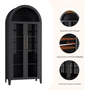 Memoryfield Farmhouse 5 Tier Bookcase Display Shelf, with Adjustable Shelf and 2 Large Glass Doors, Arched Kitchen Pantry Cabinet, Versatile Storage Cupboard, Black