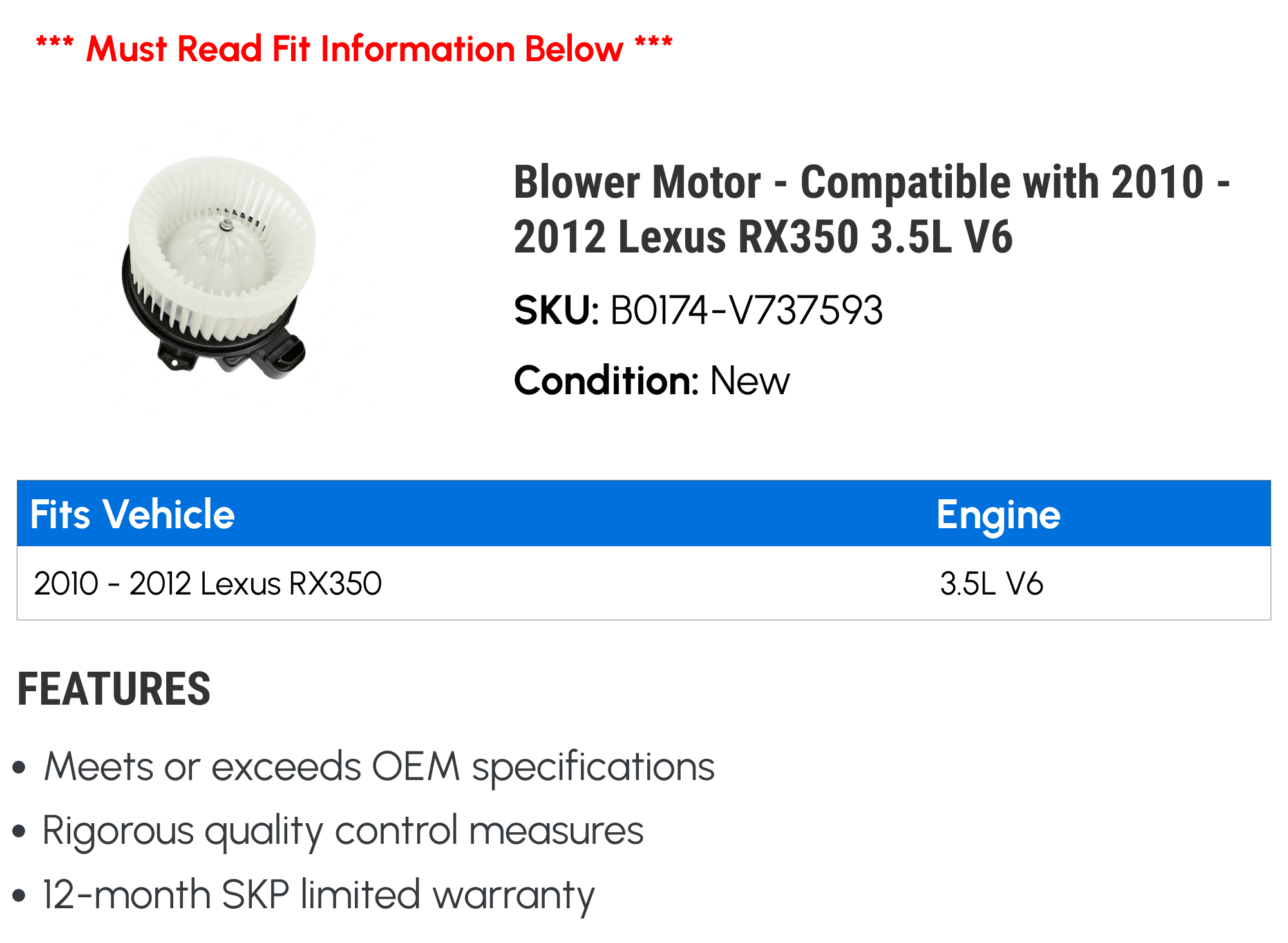 Blower Motor - Compatible with 2010 - 2012 RX350 3.5L V6 2011