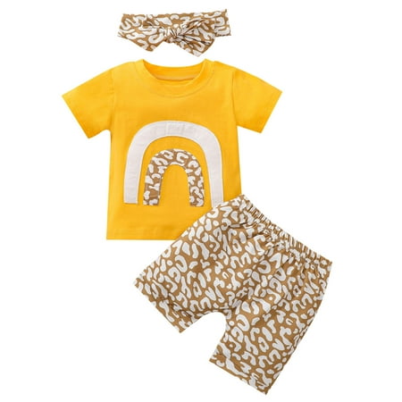 

QWERTYU Newborn Infant Baby Toddler Outfits Rainbow Short Sleeve T Shirts and Leopard Shorts Set Summer Clothing Set with Headband for Girl 0-2Y