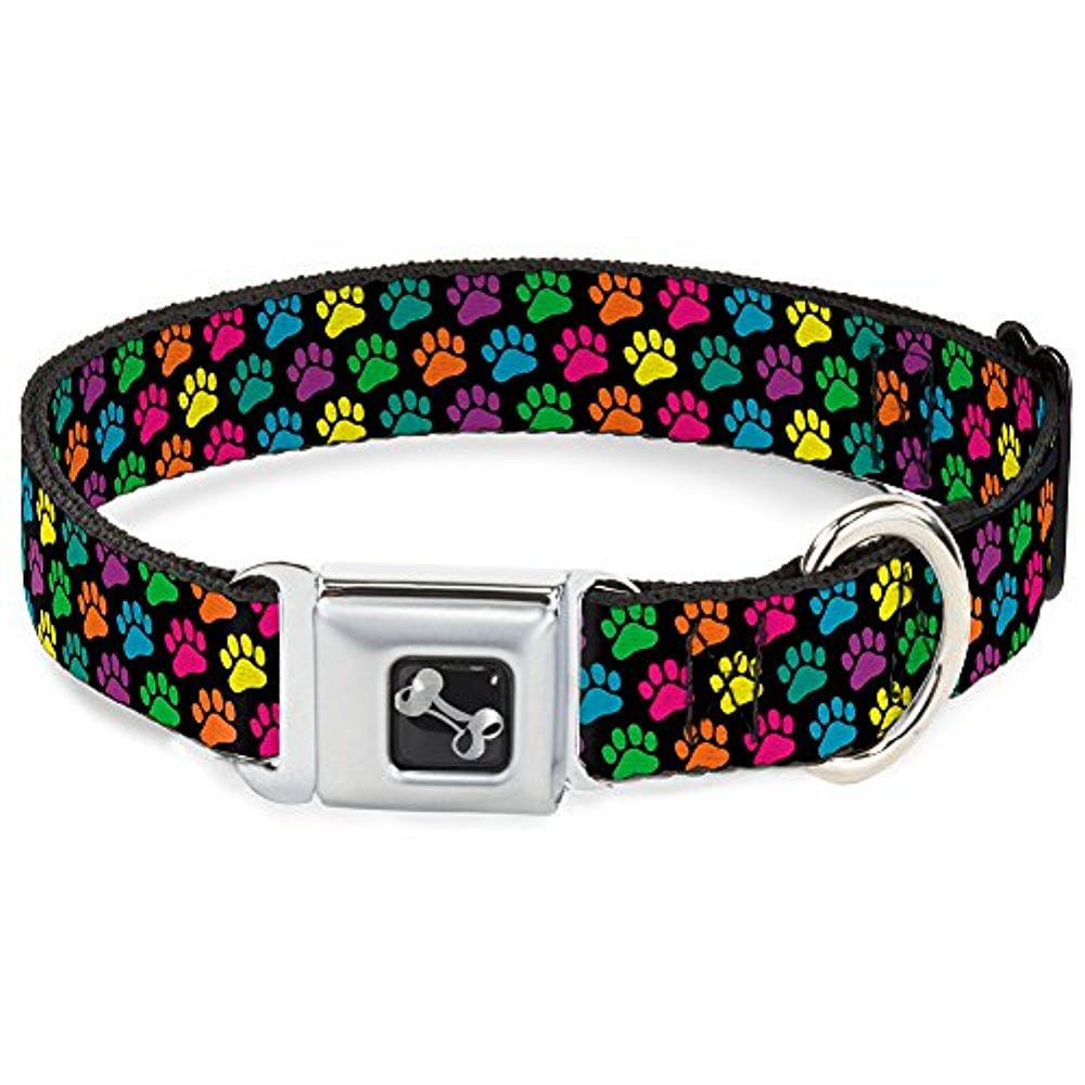 BuckleDown 1526" Paw Print Black Multi Color Dog Collar Bone, Large