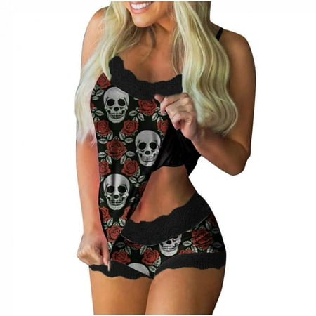 

Deals of the Day Tarmeek Womens Tops Vintage Gothic Plus Size Crewneck Sleeveless Lace Cami Shorts Rose Skull Print Pajamas Set