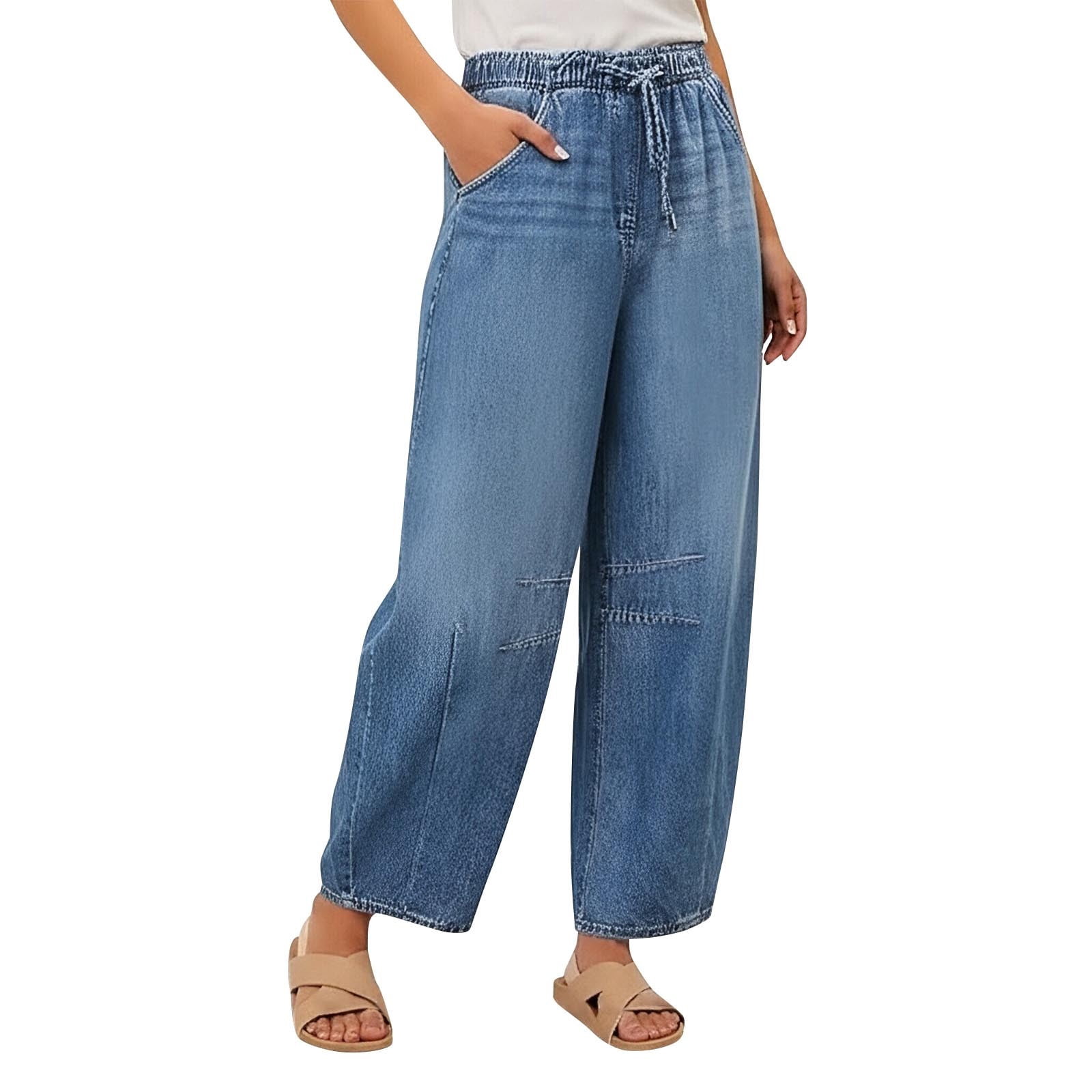 Baggy Jeans for Women High Waisted Wide Leg Jeans Elastic Waist Strechy Drawstring Pull On Denim Pants with Pockets