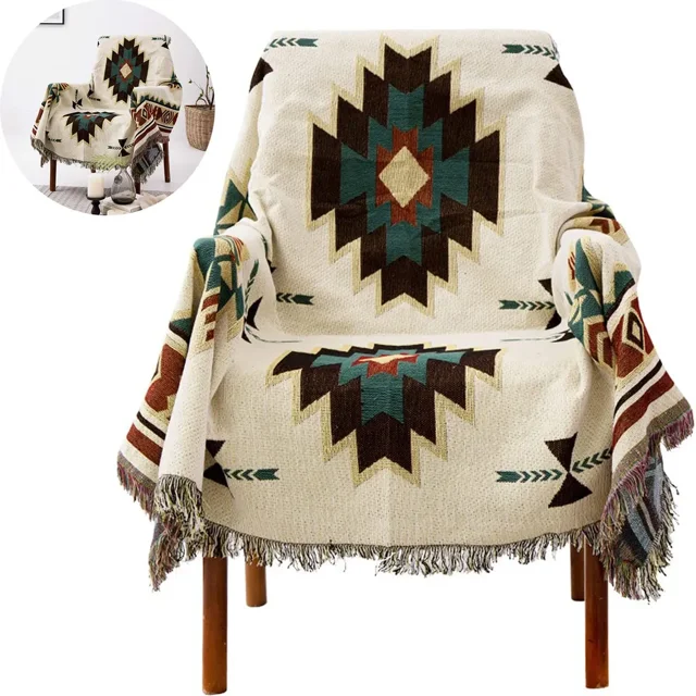 Manta reversible de estilo nativo americano, manta bohemia con decoración del suroeste para sofá, estampado exquisito con colores vibrantes, fácil cuidado, lavable a máquina con agua fría, ciclo