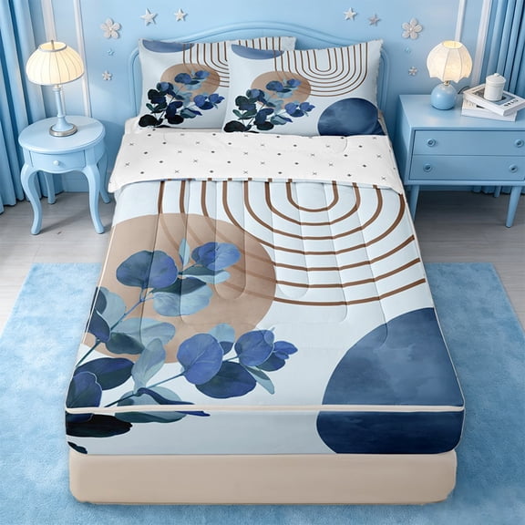 jejeloiu Nautical Abstract Zipper Twin Comforter Sets with Fitted Sheet and 2 Pillowcases For Men Women,Modern Aesthetic Art Zipper Bedding Set,Blue Brown,Reversible,4-Piece