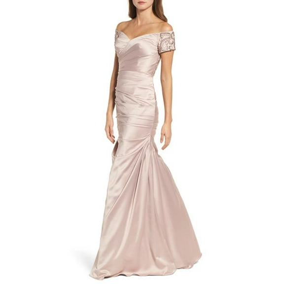 La Femme CHAMPAGNE Women's Satin Off the Shoulder Dress w/ Beaded Sleeves, US 10