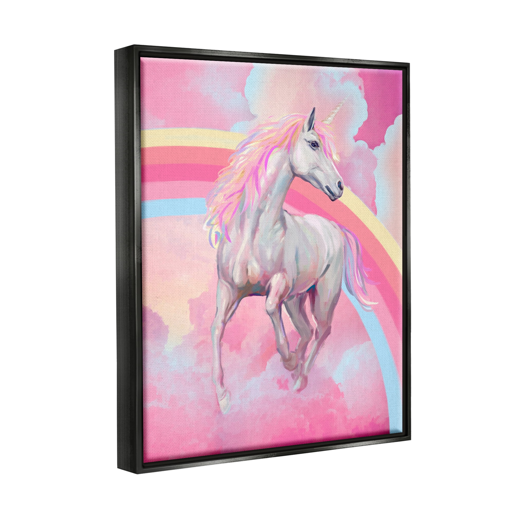 Stupell Industries Pink Unicorn & Clouds Fairy Tales & Fantasy Painting Black Floater Framed Canvas Art Print Wall Art, 17 x 21