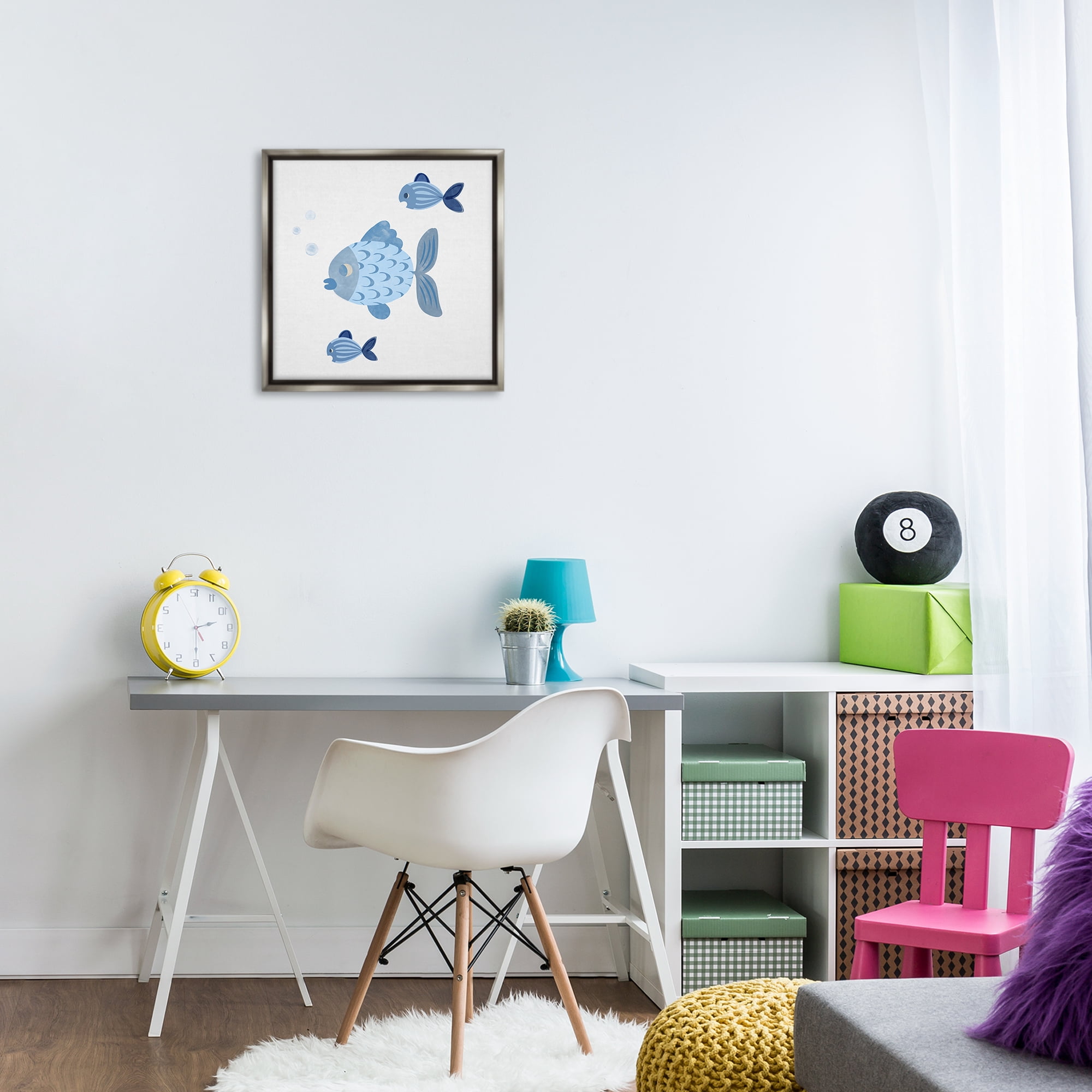 Stupell Industries Minimal Blue Fish Animals Painting Gray Floater Framed Canvas Art Print Wall Art, 18 x 18