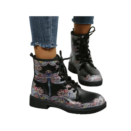 

GENILU Women Fashion Boots Mid Block Heel Ankle Bootie Lace Up Work Boot Unisex Winter Shoes Comfort Floral Short Booties Round Toe Slip Resistant Black 4.5