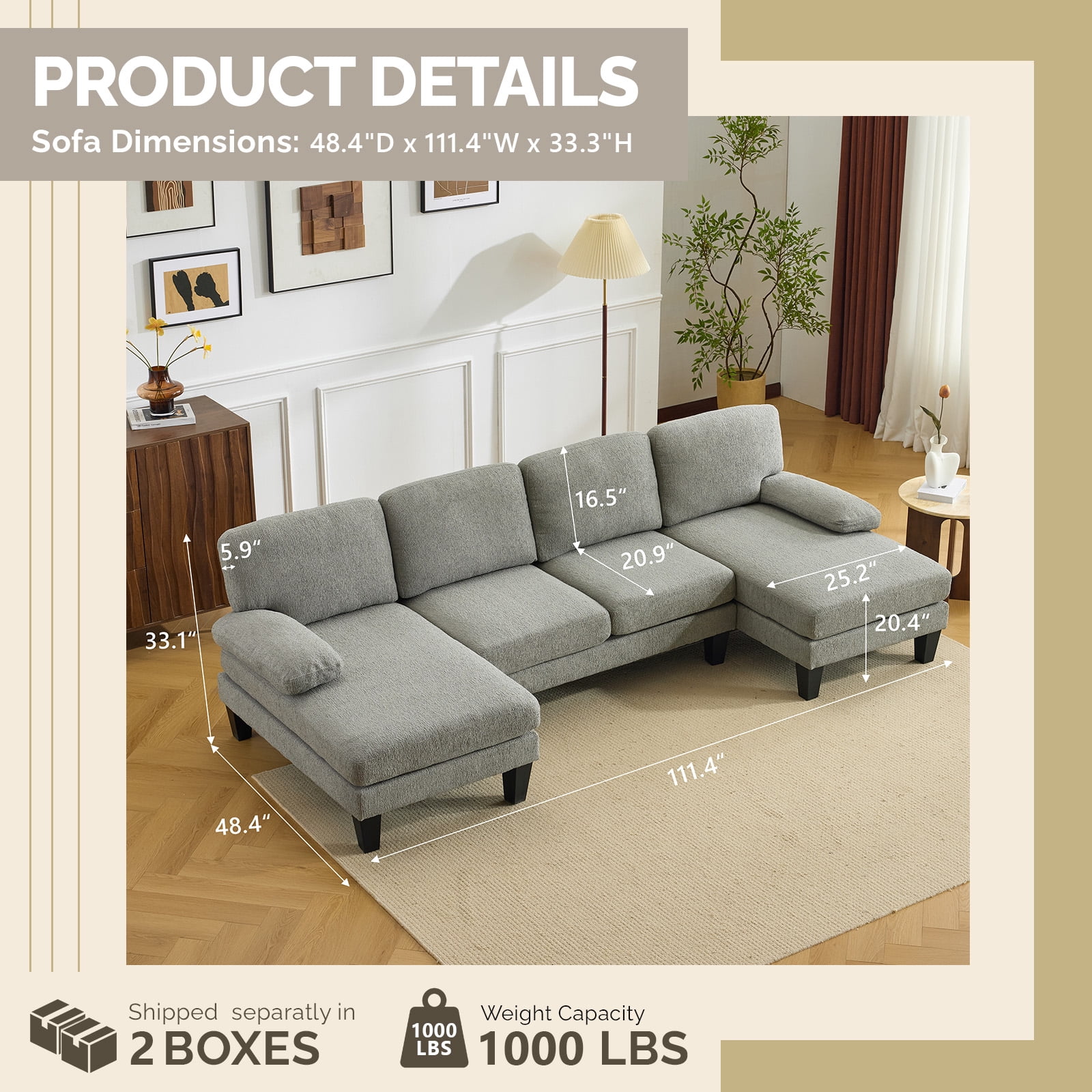 Ktaxon U-Shaped Sectional Sofa Set with Chaise, 4-Seater Blended Chenille Couch for Living Room, Apartment, Easy Assembly Blue-Gray