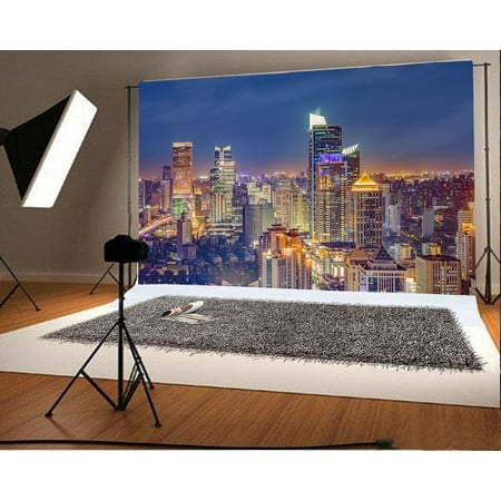 Image of HelloDecor 7x5ft American New York City Night View Backdrop Cityscape Modern Building Shining Lights Blue Sky Nature Romantic Wedding Wallpaper Photography Background Girls Photo Studio Props