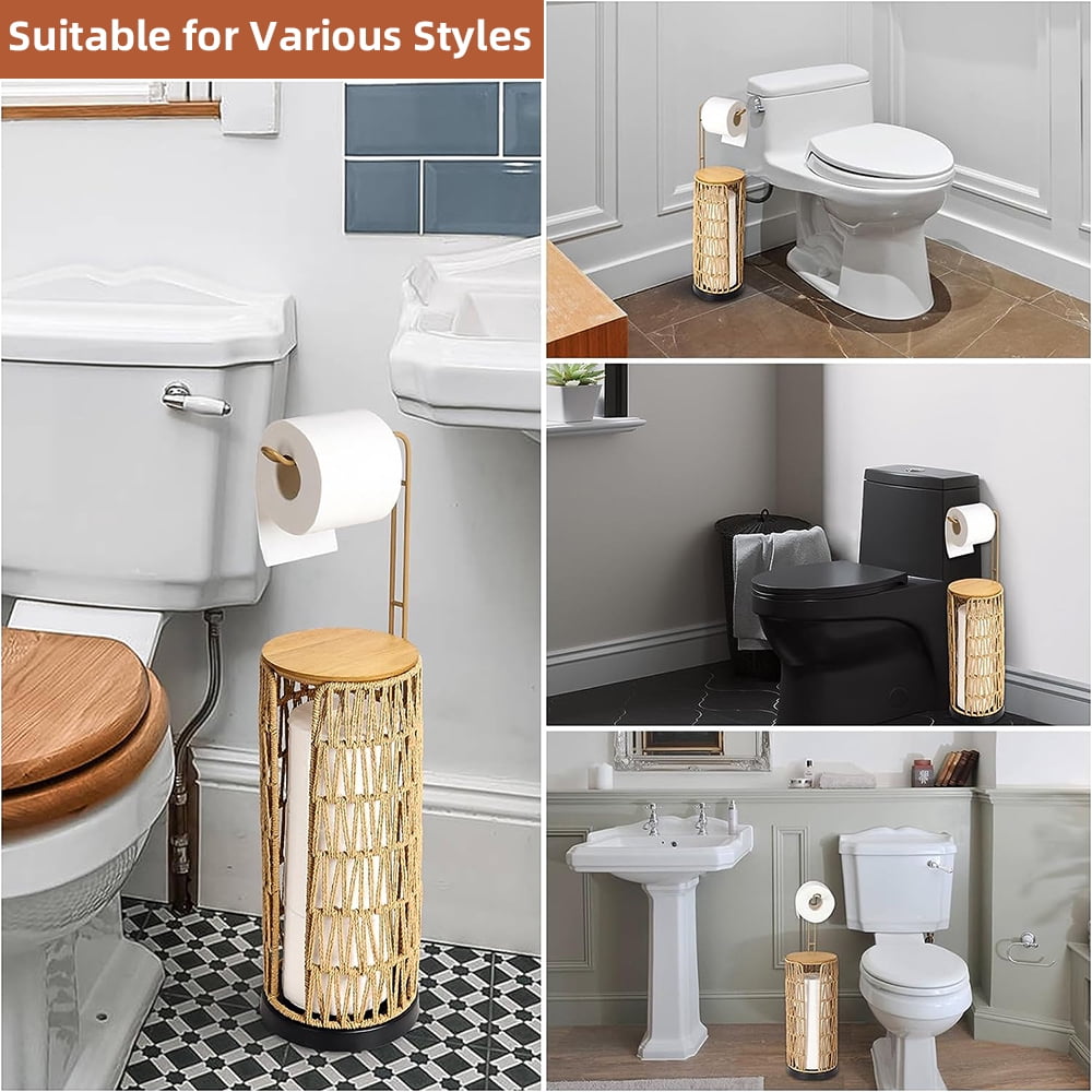 MIDODO Freestanding Toilet Paper Holder with Storage, 3 Rolls of Tissue Holder for Bathroom, Rattan Boho Handmade Woven Toilet Paper Roll Holder Stand