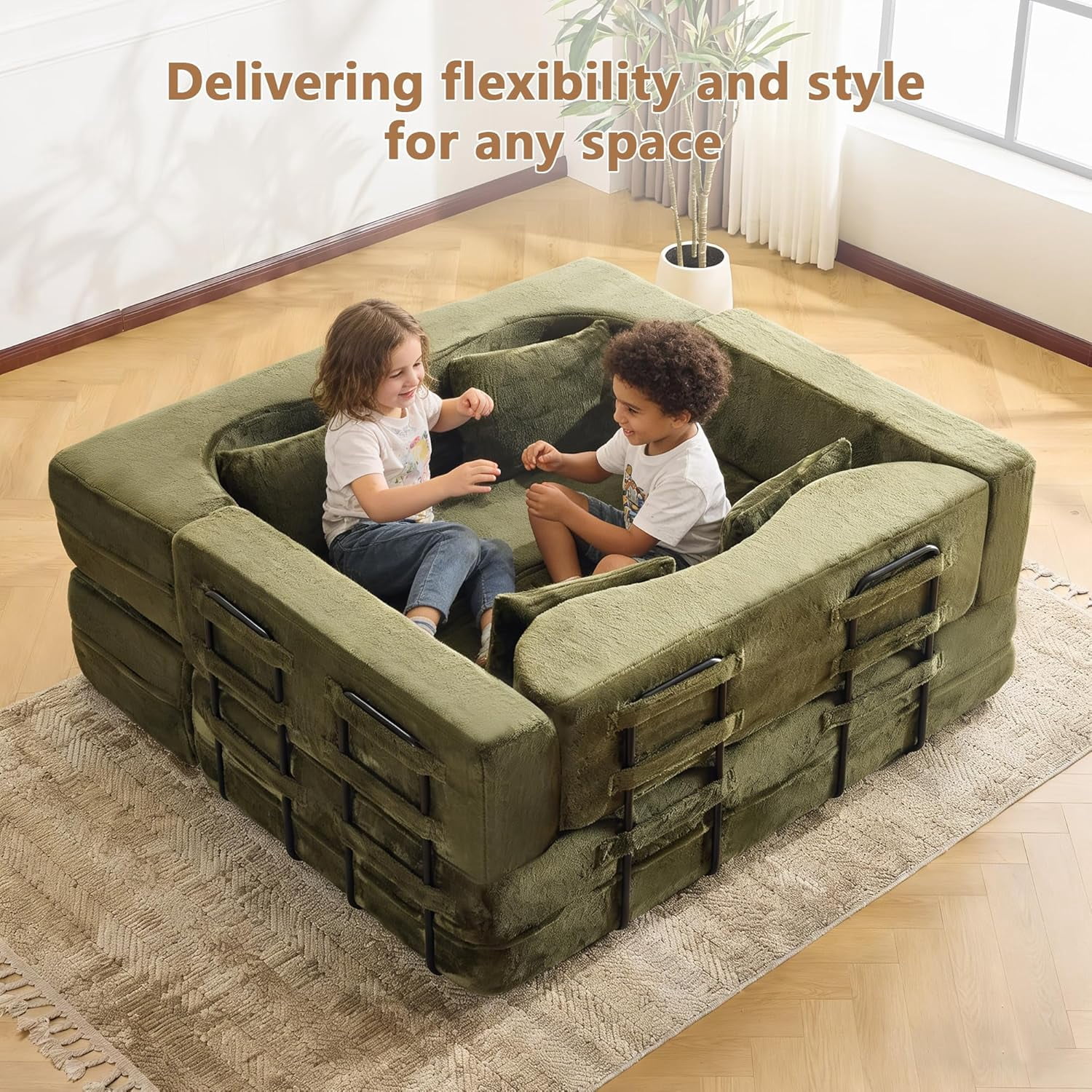 LUCKHAO Modern Foam Teddy Fabric Convertible and Oversized Sleeper Sofa Bed Loveseat with 2 Pillows, Green