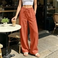 thumbnail image 2 of ZHYou No Boundarie Linen Pants for Women Wide Leg Drawstring Stretchy Waist Casual Loose Fit Lightweight Trousers with Pockets,Orange,Size L, 2 of 6
