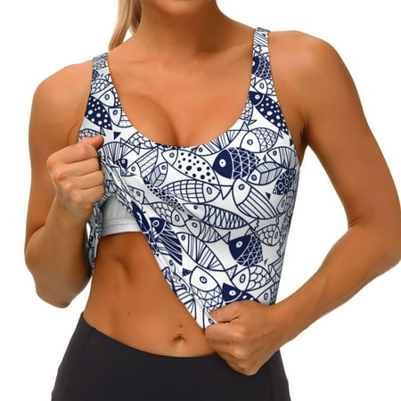 Qokaie Blue Fish1 Pattern Womens Scoop Neck Sports Bra Breathable Workout Vest Padded U Back Medium Impact Fitness Gym Yoga Bra Workout Crop Top