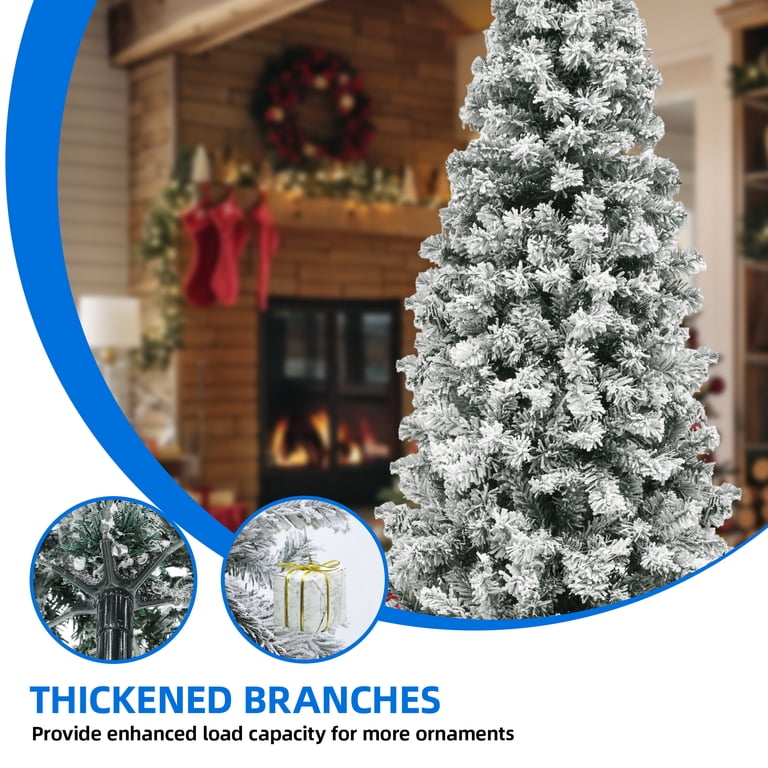 DORTALA 7.5ft Pre-Lit Slim Pencil Christmas Tree - Snow Flocked With 350 Warm White LEDs & Metal Stand