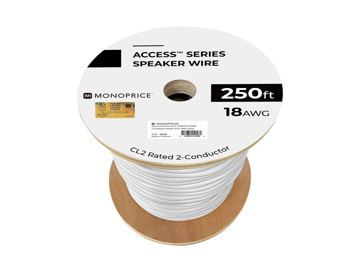 Monoprice Speaker Wire, CL2 Rated, 2-Conductor, 18AWG, 250ft, White