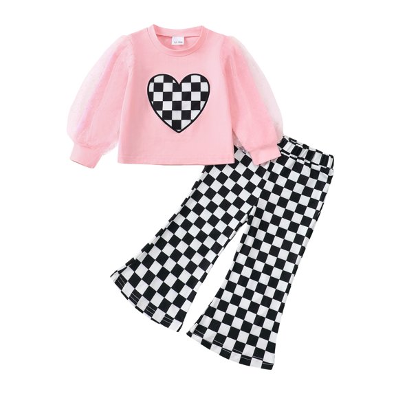 Kucnuzki 18 Months Infant Baby Girls Outfit Set 24 Months Kid Child Clothes Set Mesh Long Sleeves Hearts Print Pullovert Top Plaid Flared Pants Sets 2pcs Clothing Pink