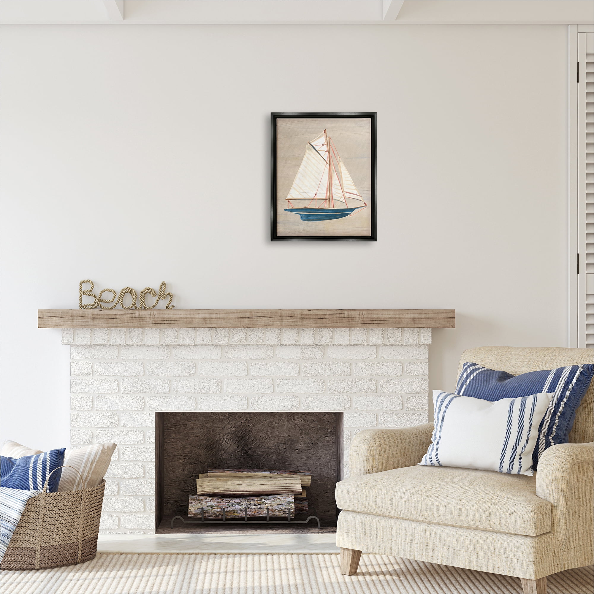 Stupell Industries Rustic Blue Sailboat Transportation Painting Black Floater Framed Canvas Art Print Wall Art, 17 x 21
