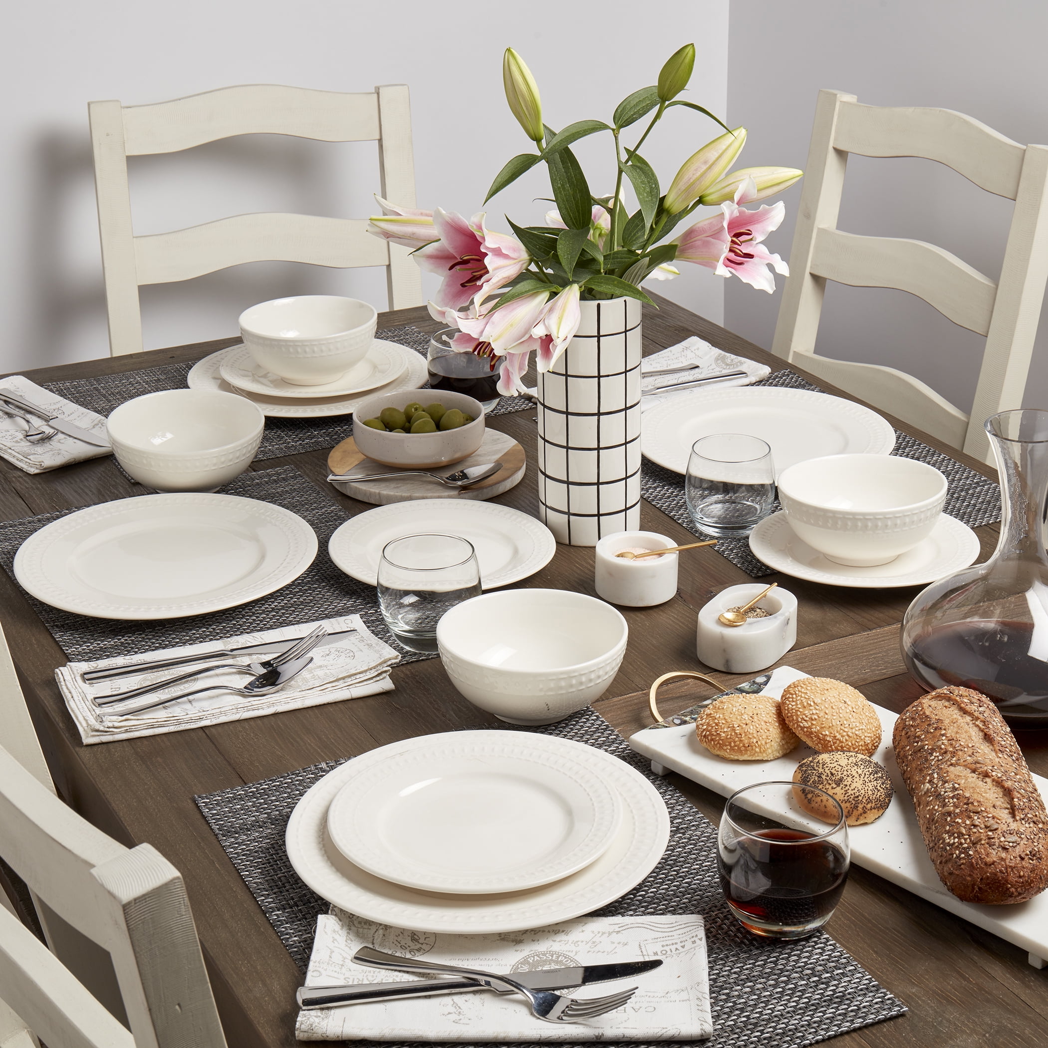 Tabletops Gallery 12 Piece Bloom Embossed Porcelain White