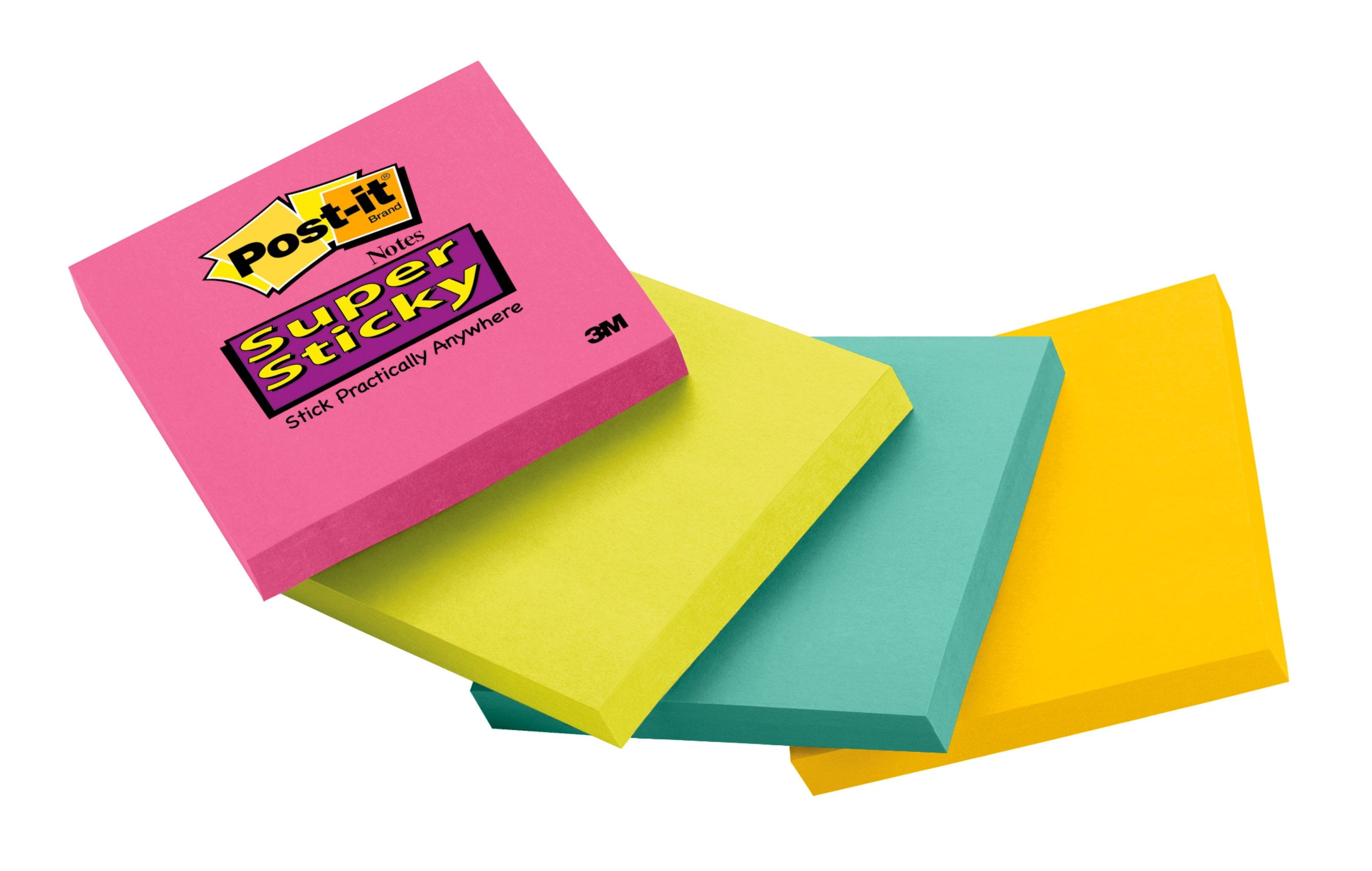Postit Super Sticky Notes, 3" x 3", Pink, Green, Blue Paper, 1 Pad