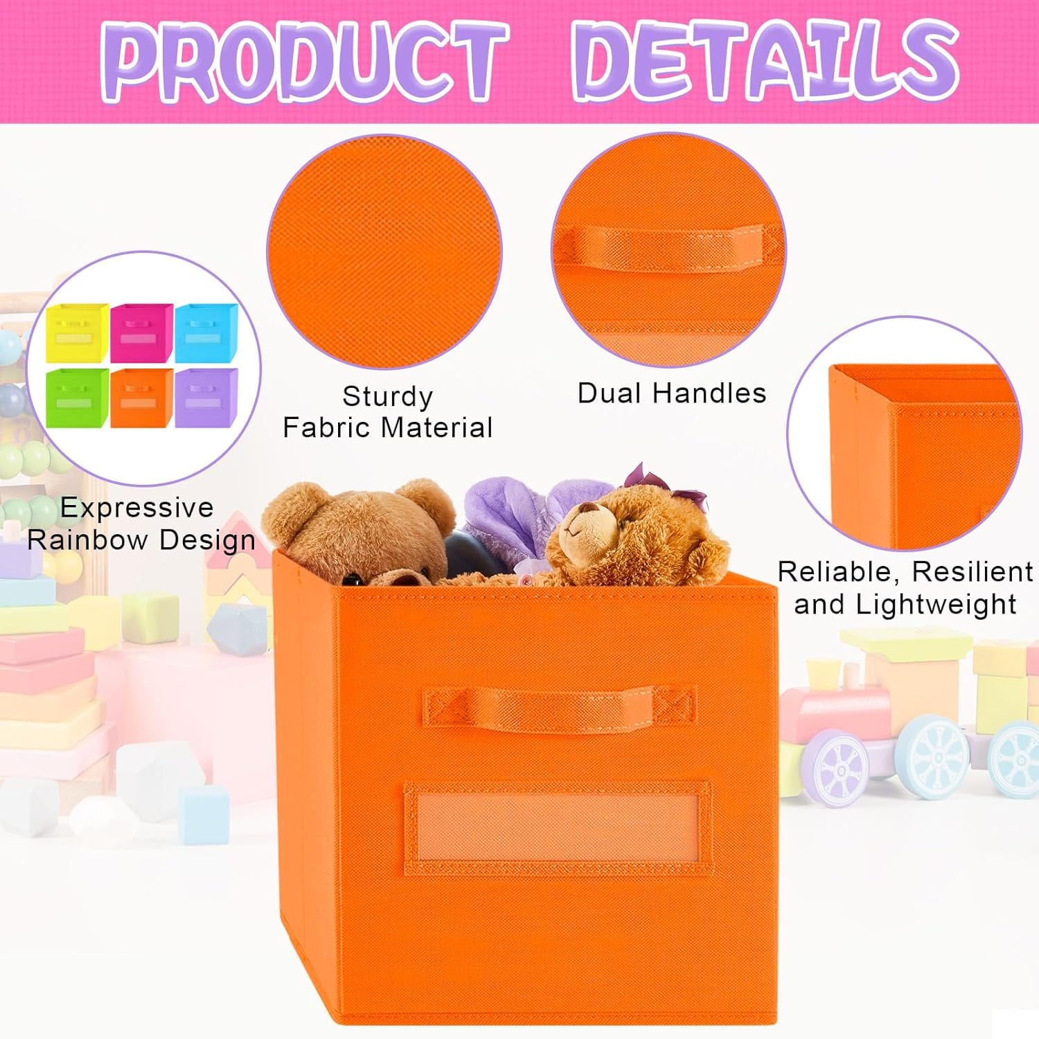 18Pcs Colorful Cube Storage Bin 11in Rainbow Fabric Cube Basket with Label Window and Handle Fun Colored Foldable Storage Cube for Toy Storage Nursery Classroom Living Room (Bright Color)