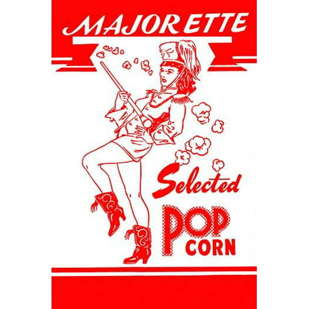 Original art from a box of popcorn sold at carnivals and events  Sold under the brand name majorette  With a great image of a girl in uniform who leads the marching band in parades Poster Print by unk