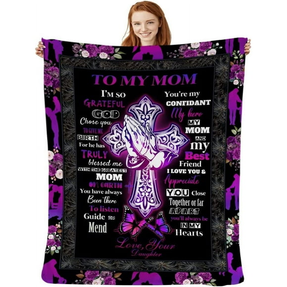 Cadeaux d'Anniversaire pour Ma Maman Couverture de la Part de Sa Fille Prière Chrétienne Douce Chaude Confortable Jetés Couvertures Couverture en Molleton Action de Grâce Noël Maman pour Sofa Literie Voyage 60x50 Pouces