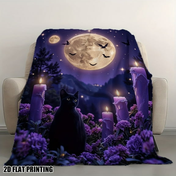 Soft Plush Halloween Moon Magic Print Flannel Throw Blanket - Black Cat, Purple Moon & Candles Design, Deep Violet & Starry Night Colors, All-Season Cozy for Sofa, Bed, Travel - Contemporary Styl