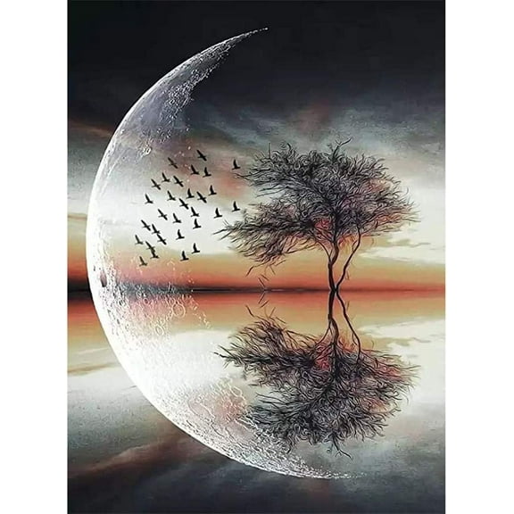 5D DIY Diamond Painting Set "Moon Tree" Round Diamond Art Crafts for Adults, Suitable for Wall Decoration, Bedroom and Home Decoration
