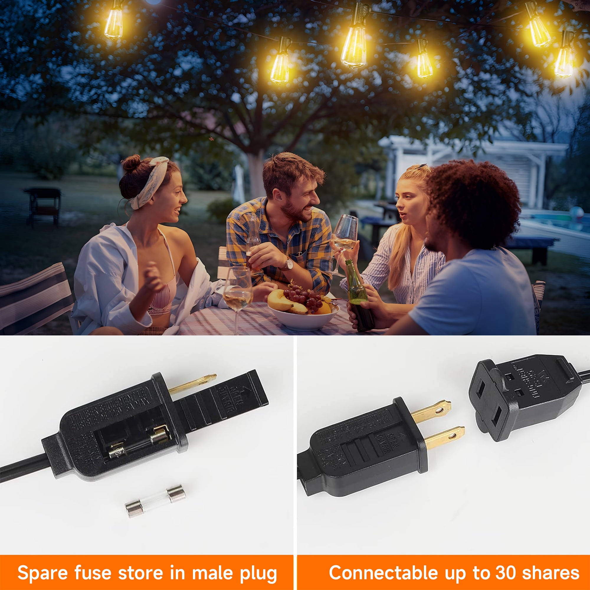 DAYBETTER ST38 100FT Outdoor String Lights ,Connectable Lights for Patio Backyard Balcony