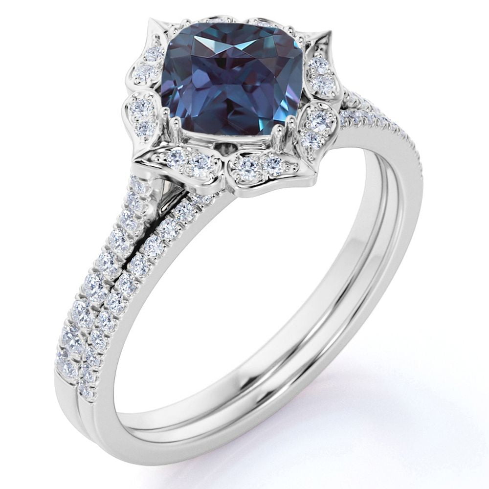 JeenMata Lotus 1.5 Carat Cushion Cut Lab Created Alexandrite and Moissanite Pave - Graduated Accent Wedding Ring Set in 18k White Gold over Silver