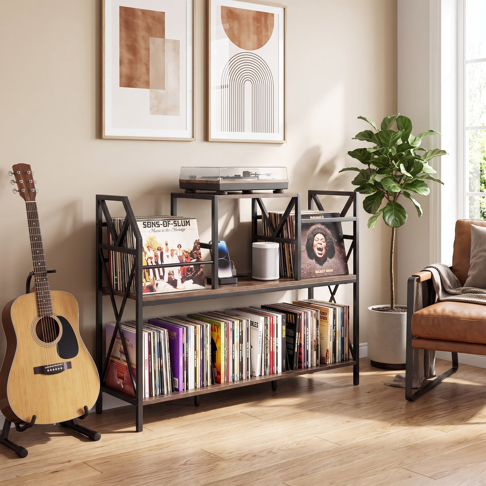 Furnibear Record Player Stand with Power Outlets Vinyl Storage and Album Dividers for Turntables Speakers and Living Room Audio, Rustic Brown